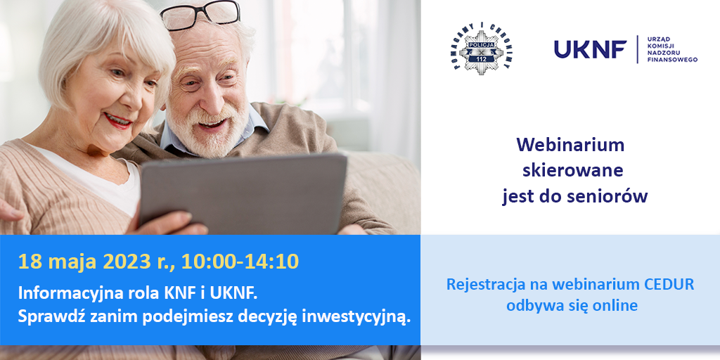 Ilustracja do informacji: Urząd KNF - zaproszenie na webinaria CEDUR dla seniorów - 18.05.2023 r. i 21.06.2023 r.